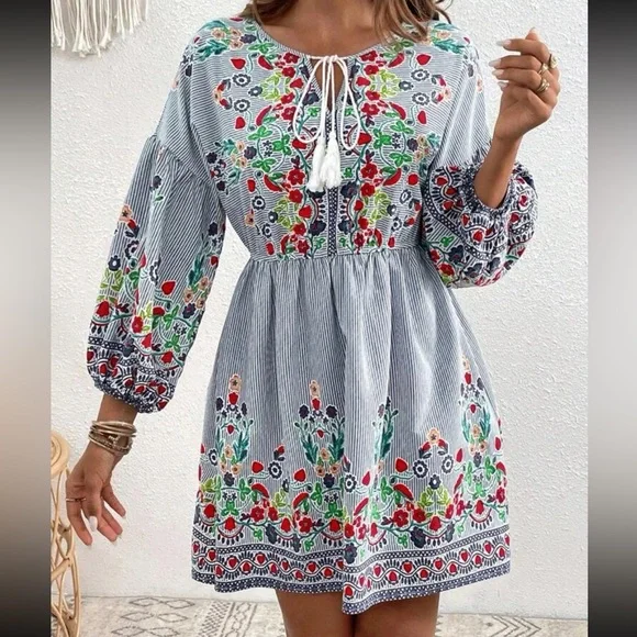 Boho Floral Print Tassel Stripes Long Sleeve Dress - Picture 3 of 5